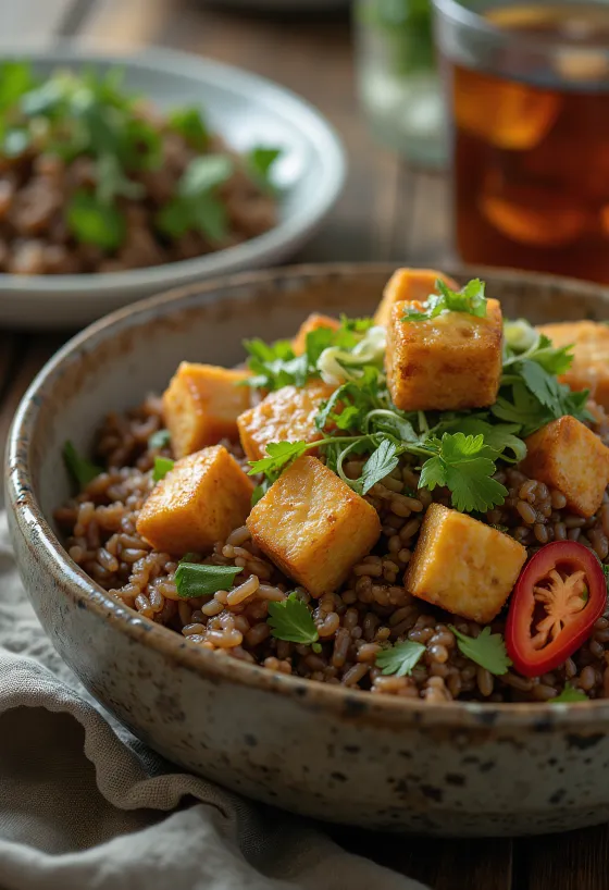 Nasi goreng s tofu, bohatými koreninami a čerstvým tofu