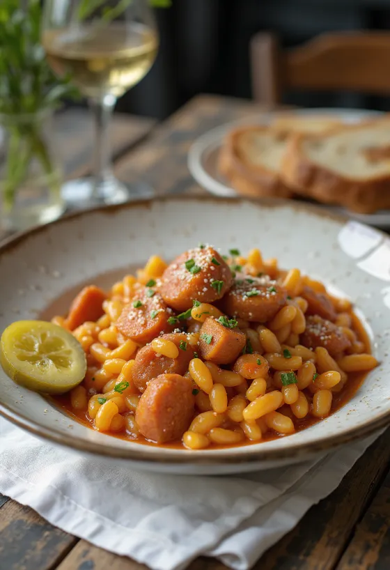 Pastierska tarhoňa s údenou klobásou a zemiakmi, posypaná čerstvou petržlenovou vňaťou