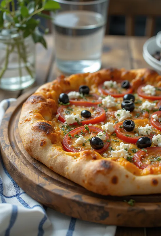 Pizza Greca so syrom feta, čiernymi olivami a čerstvými paradajkami