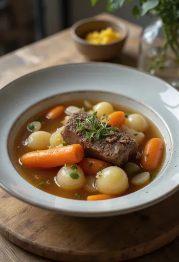 Pot-au-feu, tradičná francúzska mäsová polievka so zeleninou