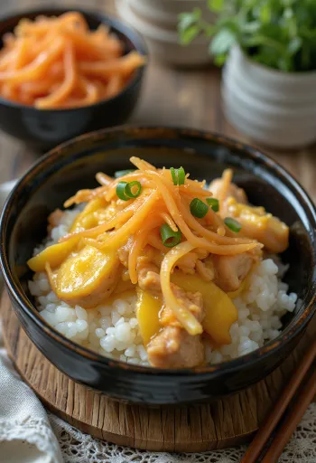 Oyakodon podávaný, kuracie stehno, vajce a takuan reďkovka na ozdobu