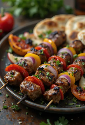Shish kebab, mäso a zelenina grilované na ihle