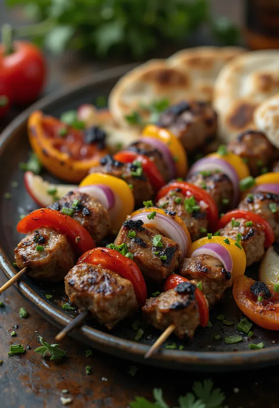 Shish kebab, mäso a zelenina grilované na ihle