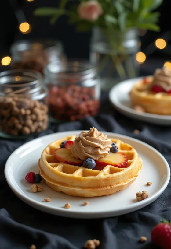 DIY vafľový bar s prílohami: jahody, banán, Nutella, slanina, syr, šľahačka, javorový sirup