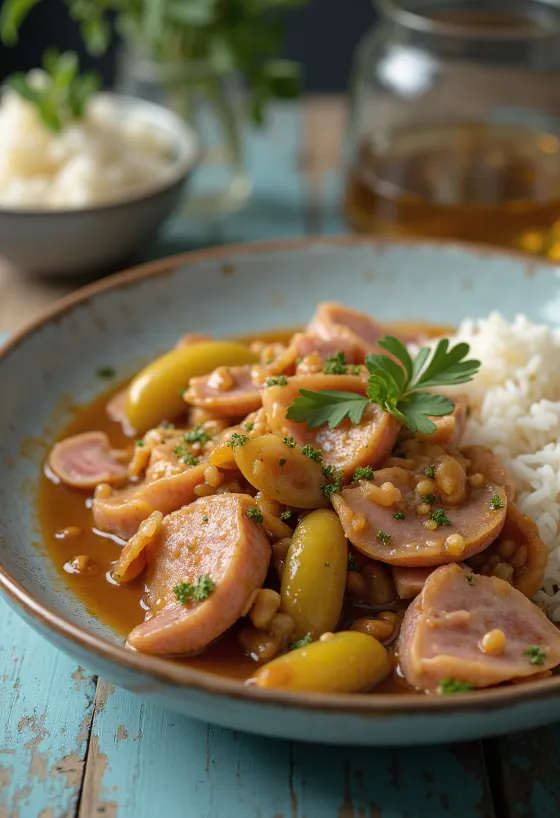 Mäsiarsky tokáň so šťavnatým bravčovým mäsom, údenou klobásou a kyslými uhorkami.