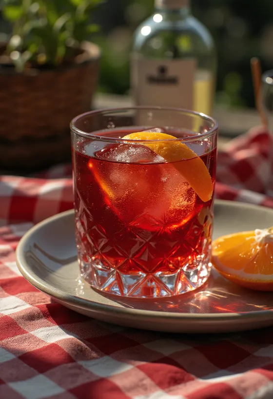 Koktail Negroni ozdobený plátkom pomaranča