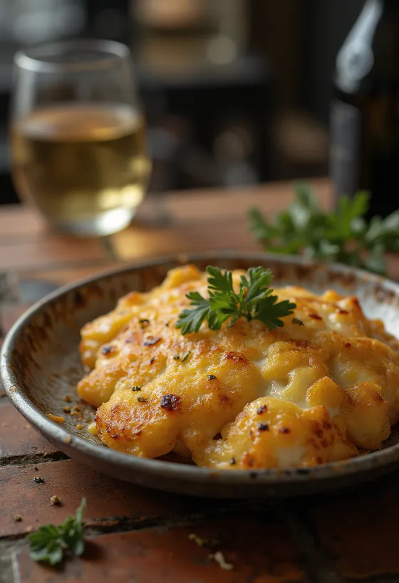 Zlatohnedý vyprážaný syr saganaki, práve flambovaný na panvici