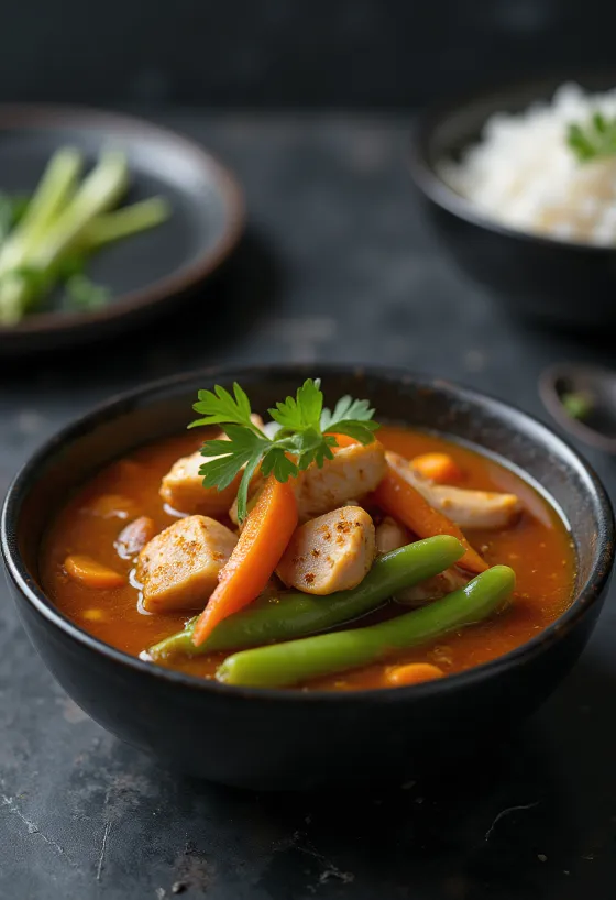 Sinigang s korením tandoori, ozdobený čerstvým koriandrom