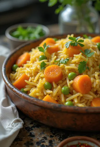 Zeleninové Biryani s bohatou zmesou korenistej zeleniny a ryže basmati, zdobené čerstvým koriandrom a mätou.