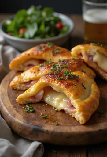 Zlatohnedé calzone s údeným syrom, plnené šunkou