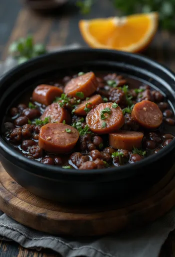 Feijoada s údeným bravčovým mäsom na tanieri