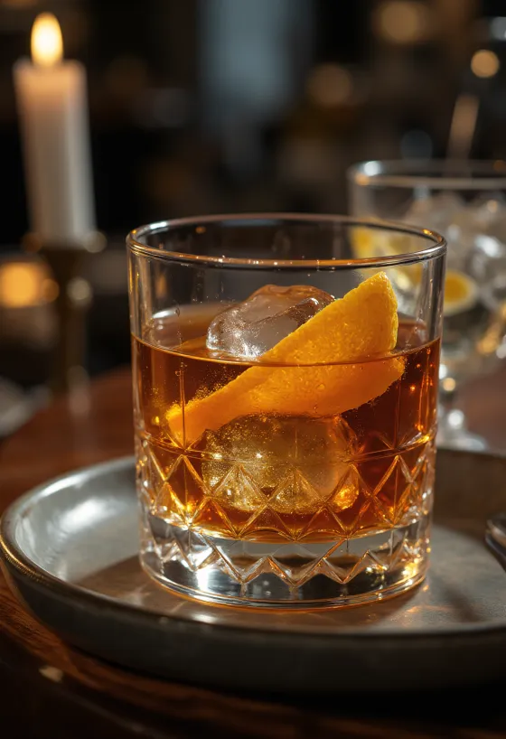 Koktail Old Fashioned ozdobený pomarančovou kôrou