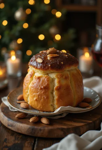 Nakrájané panettone posypané mandľami, upečené dozlatista, vo sviatočnom servírovaní