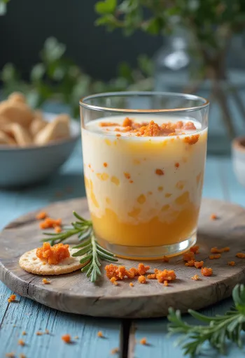 Probiotický kefír s údenou paprikou, ozdobený čerstvým citrónom a petržlenovou vňaťou