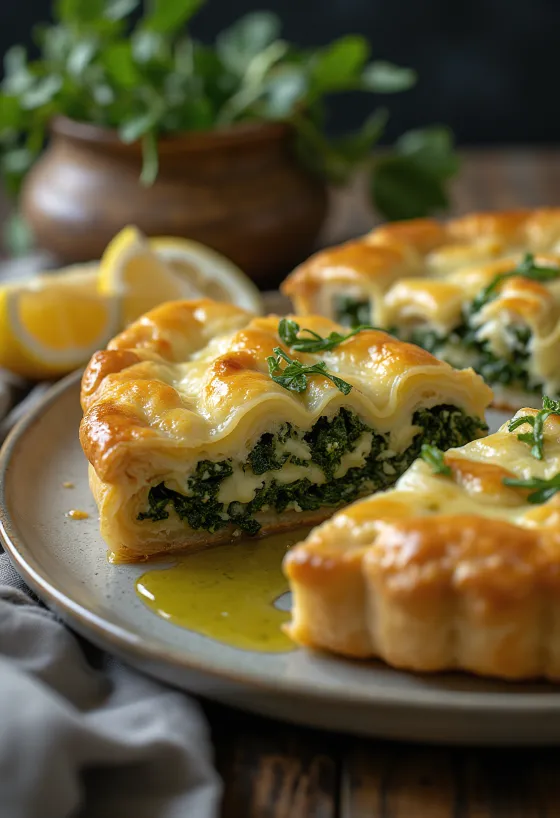 Spanakopita s olivovým olejom, zlatohnedé, chrumkavé cesto a bohatá špenátová plnka