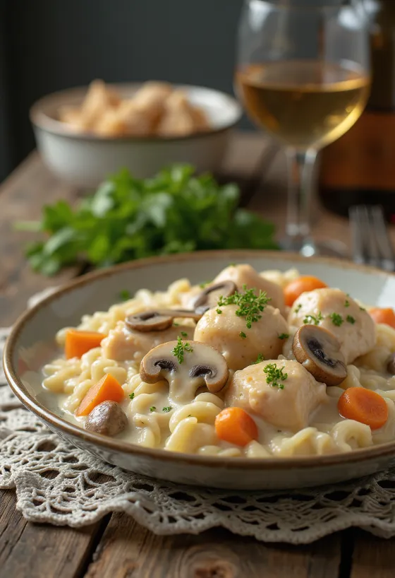 Kuracie Fricassee servírované so smotanovou omáčkou