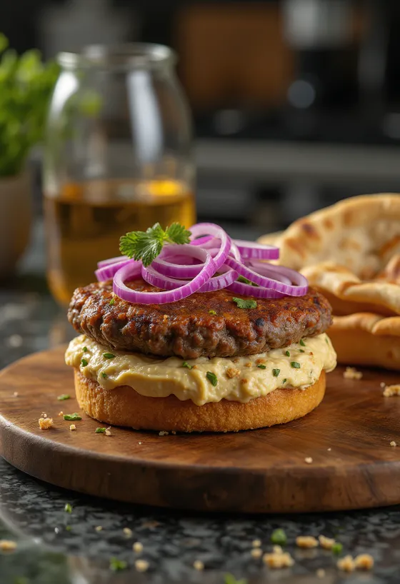 Čerstvo pripravený hamburger z Blízkeho východu s hummusom a tahini