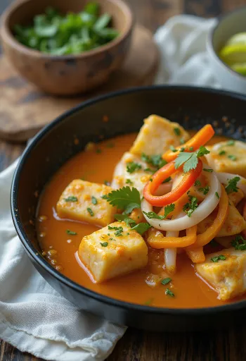 Moqueca s cesnakom, podávaná s čerstvým koriandrom a plátkami limetky