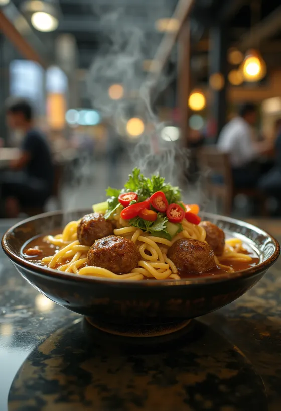 Bakso s rezancami, bohatými mäsovými guľkami, podávané s čerstvým koriandrom a čili