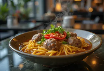Bakso s rezancami, bohatými mäsovými guľkami, podávané s čerstvým koriandrom a čili