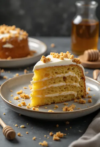 Ruská medová torta vrstvená krémom a zdobená omrvinkami z cesta