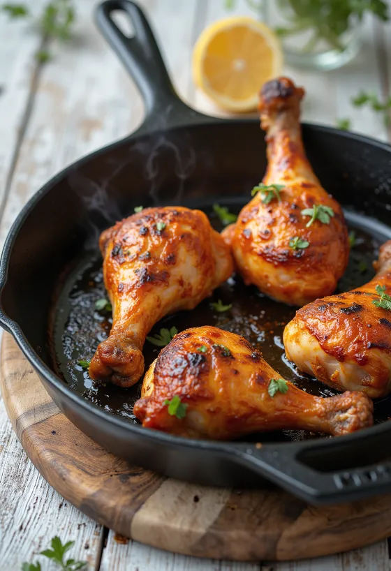 Pikantne korenené pečené kuracie stehno podávané s čerstvou zeleninou.