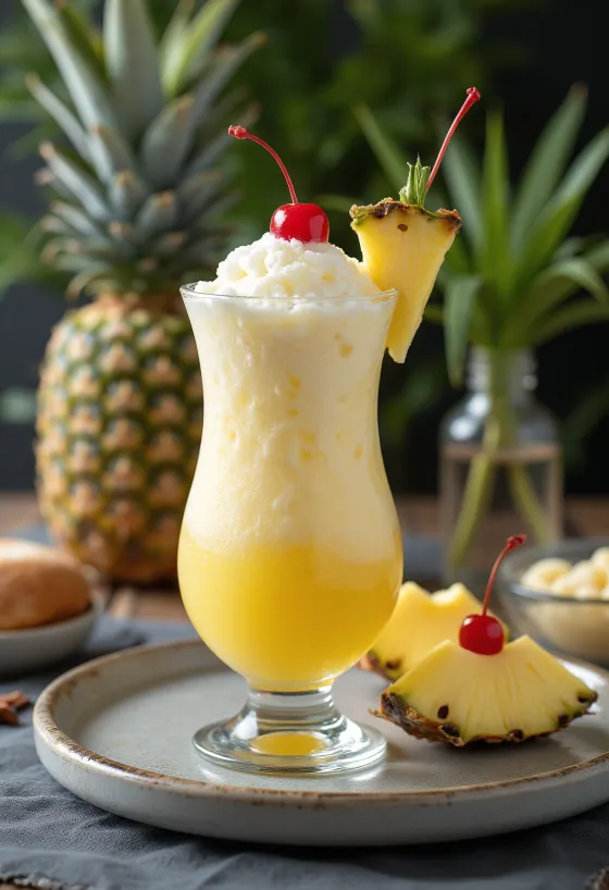 Piña Colada ozdobená čerstvým ananásom a koktailovou čerešňou