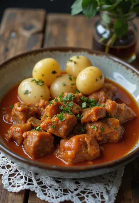 Baraní perkelt podávané s čerstvým chlebom a kyslou uhorkou