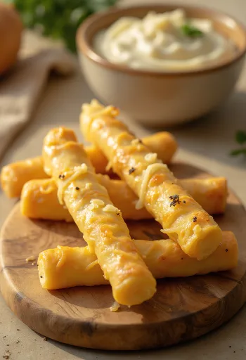 Chrumkavé syrové tyčinky upečené do zlatista, bohato posypané strúhaným syrom