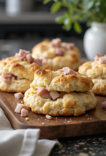 Slané scones s kúskami morčacej šunky na servírovacom podnose
