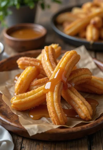 Churros s karamelovým sirupom, podávané so škoricou