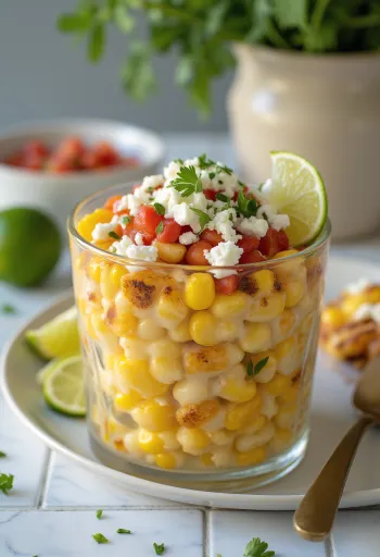 Esquites so salsou, ozdobené čerstvým koriandrom