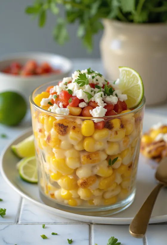 Esquites so salsou, ozdobené čerstvým koriandrom
