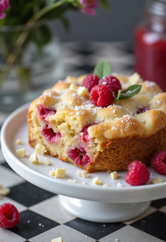 Torta s bielou čokoládou a malinami servírovaná
