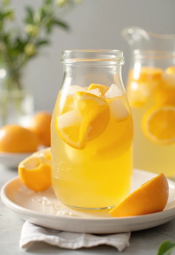 Orosený džbán s pomarančovou limonádou a ľadom