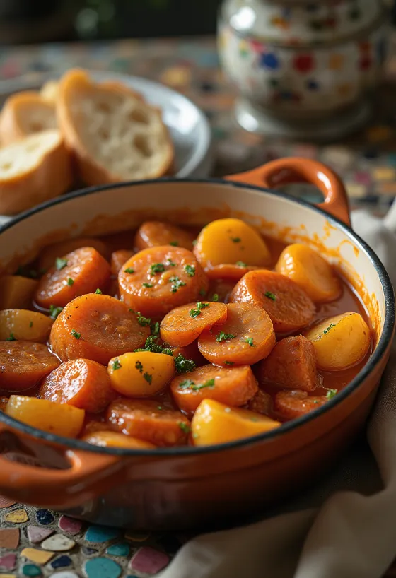 Zemiakový paprikáš so šťavnatými kúskami zemiakov, údenou klobásou a posypaný čerstvou petržlenovou vňaťou