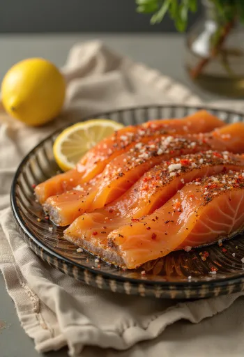 Gravlax s čili vločkami, podávaný s čerstvým kôprom a citrónom
