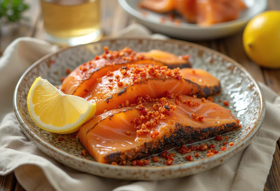 Gravlax s čili vločkami, podávaný s čerstvým kôprom a citrónom