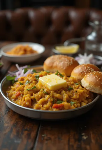 Pav Bhaji s extra maslom, podávané s chrumkavou žemľou