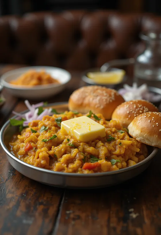 Pav Bhaji s extra maslom, podávané s chrumkavou žemľou