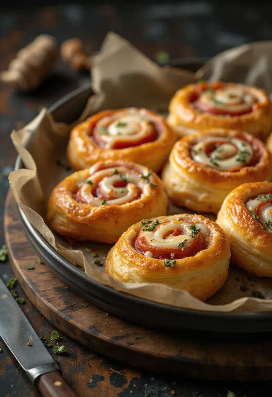 Čerstvo upečené pizzové slimáky plnené roztopeným syrom a paradajkovou omáčkou, podávané na tanieri.