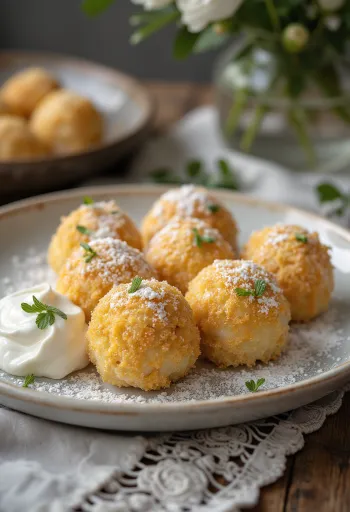 Mäkké tvarohové gule s cukrovou smotanou a posypané opraženou strúhankou.