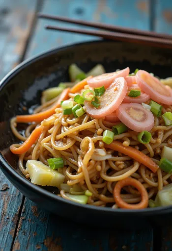 Yakisoba so zeleninou, opekané rezance podávané s farebnou zeleninou