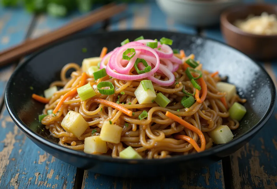 Yakisoba so zeleninou, opekané rezance podávané s farebnou zeleninou
