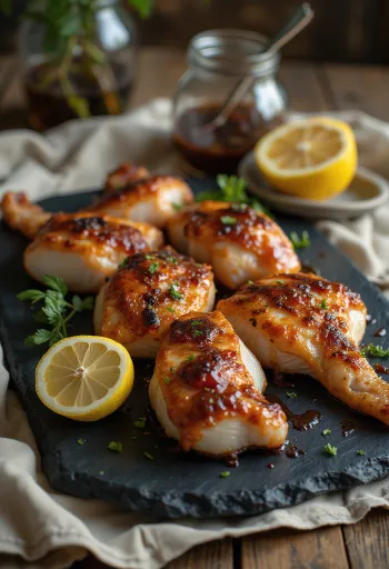Grilovaný štrkáč servírovaný na drevenom podnose s BBQ omáčkou.