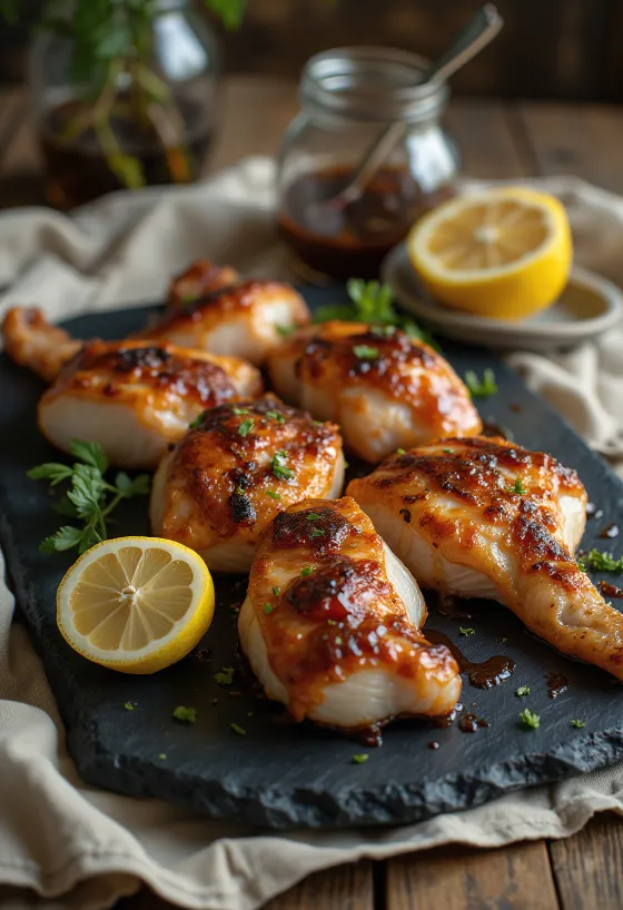 Grilovaný štrkáč servírovaný na drevenom podnose s BBQ omáčkou.