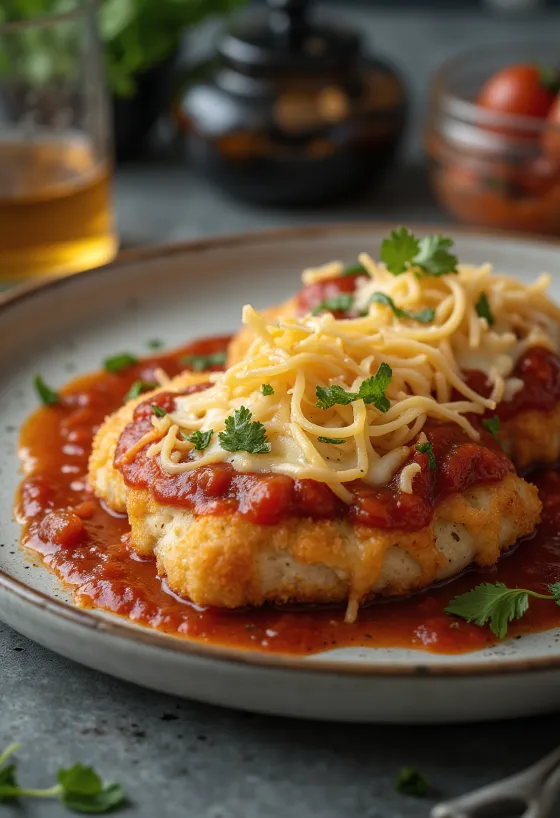 Kuracie parmigiana servírované s cestovinami a čerstvou bazalkou