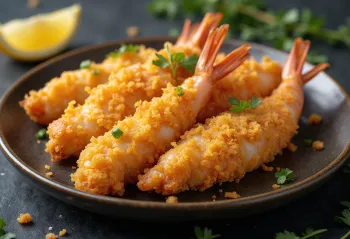Vyprážané Ebi Fry, chrumkavé krevety podávané s citrónom