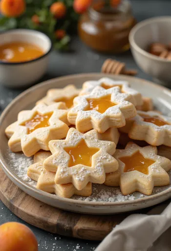 Medové linecké pečivo posypané práškovým cukrom, plnené džemom