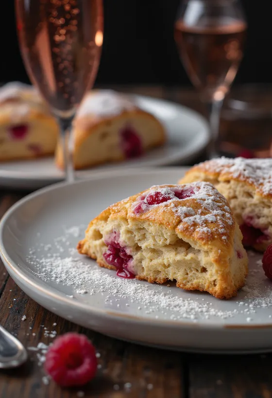 Scones so šampanským a malinami servírovanie
